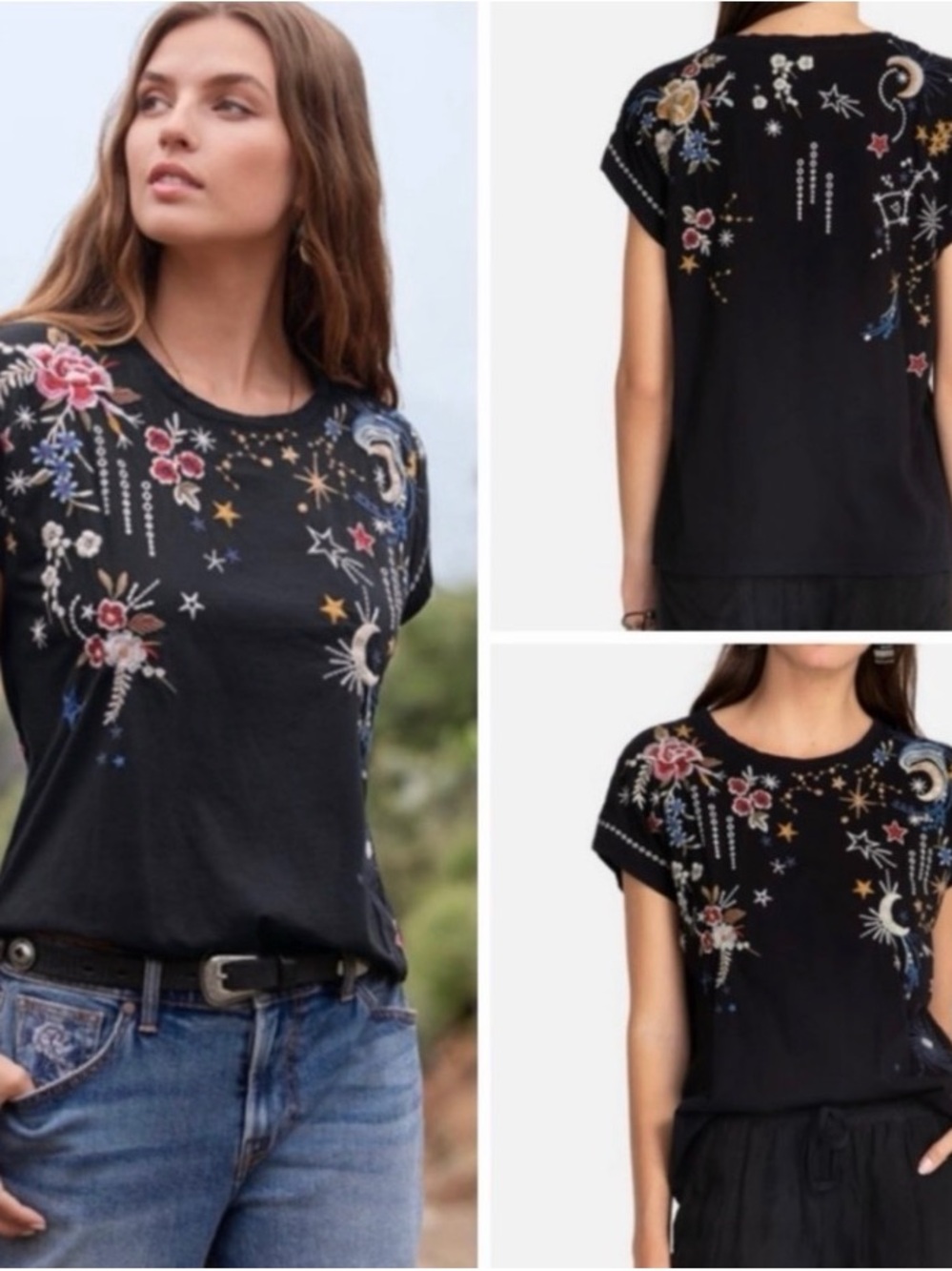 Johnny Was Cyllene Relaxed Tee Black Size MED Embroidered Stars, Moons, Flowers